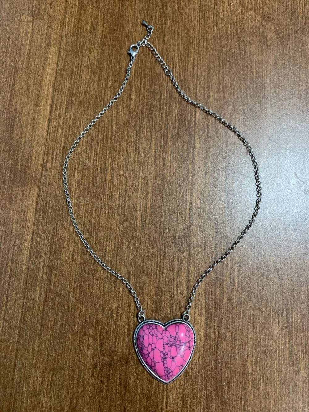 Silver-Tone Heart Necklace with Pink Marbled Pendant